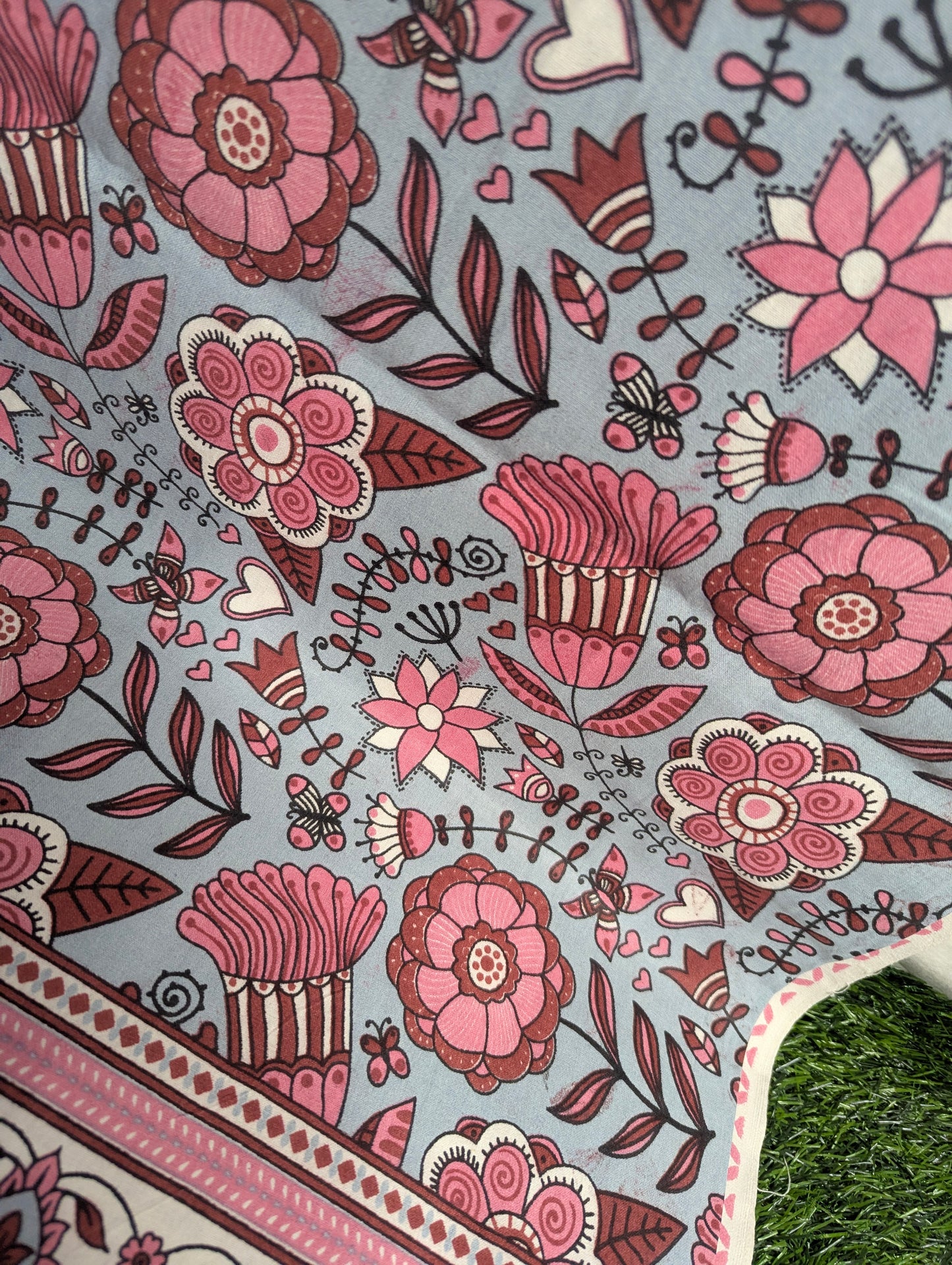 BEIGE BASE WITH PINK RAJASTHANI PRINT, COTTON, DOUBLE BED