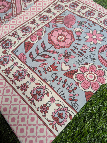 BEIGE BASE WITH PINK RAJASTHANI PRINT, COTTON, DOUBLE BED